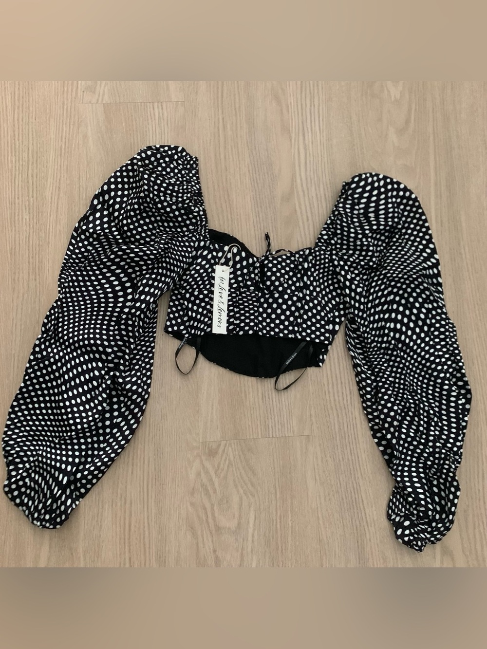 For Love And Lemons Kat Black & White Polka Dot Puff Sleeve Crop Top size XS NWT - Picture 7 of 8